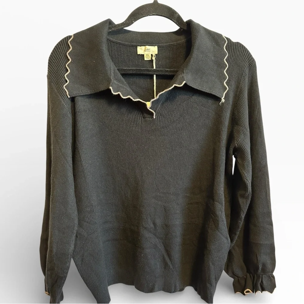 Ott Elegant Black V-Neck Sweater with Embroidered Edging NWT - Picture 2 of 4